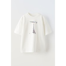 Nmg Tekstil Unisex Beyaz Oversize Pamuk Eifel Kulesi Desen Baskılı Örme T-Shirt