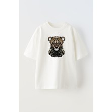 Nmg Tekstil Unisex Beyaz Oversize Pamuk Yavru Leopar Baskılı Örme T-Shirt