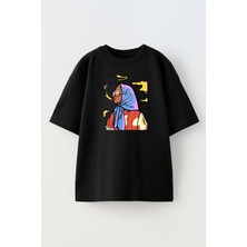 Nmg Tekstil Unisex Siyah Oversize Pamuk Kapalı Kadın Sosyete Baskılı Örme T-Shirt