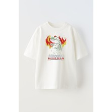 Nmg Tekstil Unisex Beyaz Oversize Pamuk Godzilla Dinazor Baskılı Örme T-Shirt