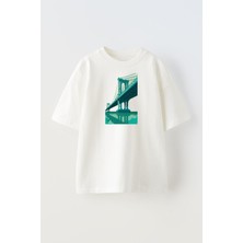 Nmg Tekstil Unisex Beyaz Oversize Pamuk Mavi Köprü Baskılı Örme T-Shirt