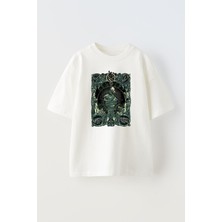 Nmg Tekstil Unisex Beyaz Oversize Pamuk Opeth Yılan Poster Baskılı Örme T-Shirt