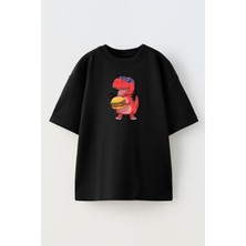 Nmg Tekstil Unisex Siyah Oversize Pamuk Hamburger Yavru Dinazor Baskılı Örme T-Shirt