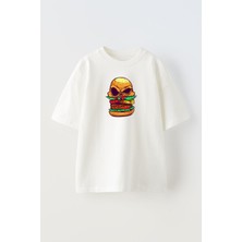 Nmg Tekstil Unisex Beyaz Oversize Pamuk Hamburger Kurukafa Baskılı Örme T-Shirt