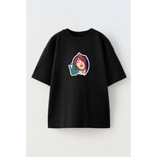 Nmg Tekstil Unisex Siyah Oversize Pamuk Fiora Okey Baskılı Örme T-Shirt