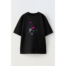 Nmg Tekstil Unisex Siyah Oversize Pamuk Jinx Wallper Baskılı Örme T-Shirt