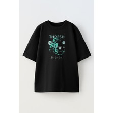 Nmg Tekstil Unisex Siyah Oversize Pamuk Thresh Lol Baskılı Örme T-Shirt