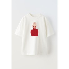 Nmg Tekstil Unisex Beyaz Oversize Pamuk Kırmızı Kazaklı Sarı Saçlı Kız Baskılı Örme T-Shirt