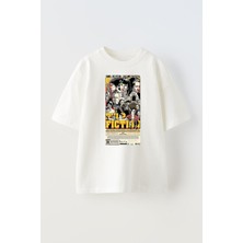 Nmg Tekstil Unisex Beyaz Oversize Pamuk Pulp Fiction Baskılı Örme T-Shirt