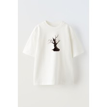 Nmg Tekstil Unisex Beyaz Oversize Pamuk Konuşan Ağaç Çınar Baskılı Örme T-Shirt