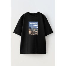 Nmg Tekstil Unisex Siyah Oversize Pamuk Venna Şehir Austria Baskılı Örme T-Shirt