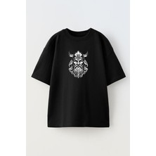Nmg Tekstil Unisex Siyah Oversize Pamuk Siyah Beyaz Viking Baskılı Örme T-Shirt