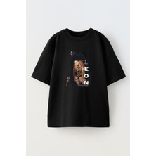 Nmg Tekstil Unisex Siyah Oversize Pamuk Leon Silah Baskılı Örme T-Shirt