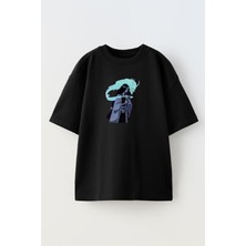 Nmg Tekstil Unisex Siyah Oversize Pamuk Cadı Kadın Duman Baskılı Örme T-Shirt