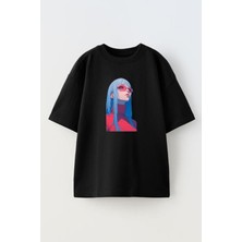Nmg Tekstil Unisex Siyah Oversize Pamuk Kırmızı Gözlük Beyaz Saç Anime Baskılı Örme T-Shirt