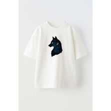 Nmg Tekstil Unisex Beyaz Oversize Pamuk Ay Kurt Baskılı Örme T-Shirt