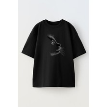 Nmg Tekstil Unisex Siyah Oversize Pamuk Yavru Kedi Gri Baskılı Örme T-Shirt