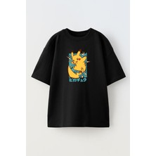 Nmg Tekstil Unisex Siyah Oversize Pamuk Elektrik Pikachu Baskılı Örme T-Shirt