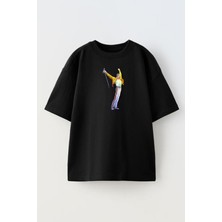 Nmg Tekstil Unisex Siyah Oversize Pamuk Mikrofonlu Erkek Solist Baskılı Örme T-Shirt