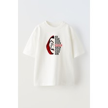 Nmg Tekstil Unisex Beyaz Oversize Pamuk La Caseda Papel Professör Baskılı Örme T-Shirt