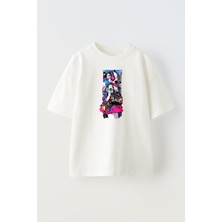 Nmg Tekstil Unisex Beyaz Oversize Pamuk Japon Anime Kulaklıklı Kız Rengarenk Baskılı Örme T-Shirt