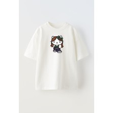 Nmg Tekstil Unisex Beyaz Oversize Pamuk Hello Kitty Kurdale Baskılı Örme T-Shirt