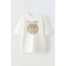 Nmg Tekstil Unisex Beyaz Oversize Pamuk Iron Maiden Sarı Halka Desen Baskılı Örme T-Shirt