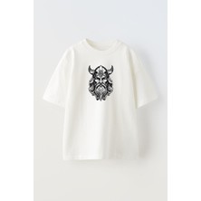 Nmg Tekstil Unisex Beyaz Oversize Pamuk Siyah Beyaz Viking Baskılı Örme T-Shirt