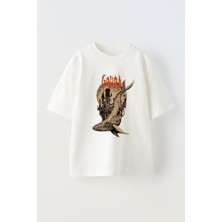 Nmg Tekstil Unisex Beyaz Oversize Pamuk Gojira Dinazor Poster Baskılı Örme T-Shirt