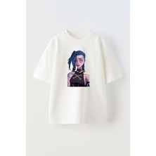 Nmg Tekstil Unisex Beyaz Oversize Pamuk Jinx Lol Adc Baskılı Örme T-Shirt