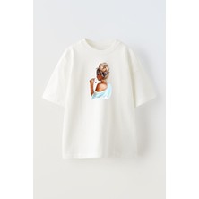 Nmg Tekstil Unisex Beyaz Oversize Pamuk Omzu Açık Kadın Baskılı Örme T-Shirt