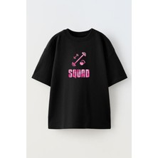 Nmg Tekstil Unisex Siyah Oversize Pamuk Pembe Squat Baskılı Örme T-Shirt