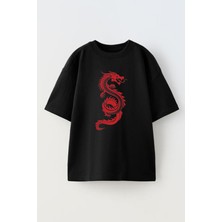 Nmg Tekstil Unisex Siyah Oversize Pamuk Kırmızı Dragon Ejderha Baskılı Örme T-Shirt