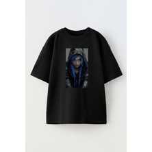 Nmg Tekstil Unisex Siyah Oversize Pamuk Mavi Örgülü Saçlı Kız Baskılı Örme T-Shirt