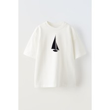 Nmg Tekstil Unisex Beyaz Oversize Pamuk Yelkenli Baskılı Örme T-Shirt