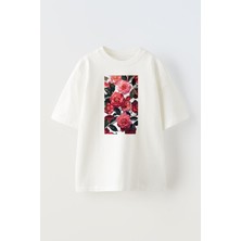 Nmg Tekstil Unisex Beyaz Oversize Pamuk Pembe Kırmızı Çiçek Resim Baskılı Örme T-Shirt