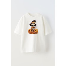 Nmg Tekstil Unisex Beyaz Oversize Pamuk Bal Kabağı Kurukafa Baskılı Örme T-Shirt