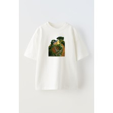 Nmg Tekstil Unisex Beyaz Oversize Pamuk Dağ Yolu Değişi Baskılı Örme T-Shirt