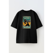 Nmg Tekstil Unisex Siyah Oversize Pamuk Siyah Gitar Çalan Kedi Baskılı Örme T-Shirt