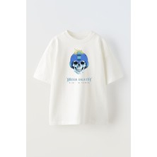 Nmg Tekstil Unisex Beyaz Oversize Pamuk Megadeath Kurukafa Gülücük Baskılı Örme T-Shirt