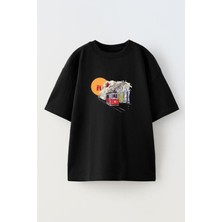 Nmg Tekstil Unisex Siyah Oversize Pamuk Taksim Tramvay Istanbul Baskılı Örme T-Shirt