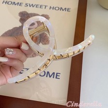 Cinderella Fiyonk Model Hologram Desenli Kemik Mandal Toka Krem 11.5 cm - Yeni Trend Mandallı Saç Topuz Tokası