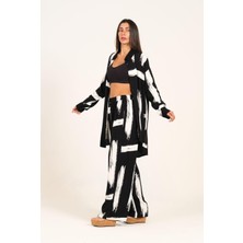 Keyifli Moda Kadın Siyah Beyaz Desenli Kolu Apoletli Cepli Gömlek Pantolon Takım