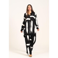 Keyifli Moda Kadın Siyah Beyaz Desenli Kolu Apoletli Cepli Gömlek Pantolon Takım