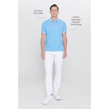 AC&Co / Altınyıldız Classics Erkek Çekmeyen Pamuklu Kumaş Slim Fit Dar Kesim Saks-Beyaz Kıvrılmaz Polo Yaka Tişört