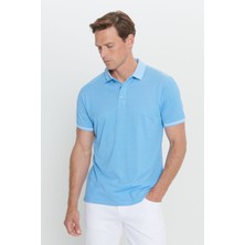 AC&Co / Altınyıldız Classics Erkek Çekmeyen Pamuklu Kumaş Slim Fit Dar Kesim Saks-Beyaz Kıvrılmaz Polo Yaka Tişört