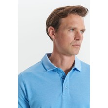 AC&Co / Altınyıldız Classics Erkek Çekmeyen Pamuklu Kumaş Slim Fit Dar Kesim Saks-Beyaz Kıvrılmaz Polo Yaka Tişört