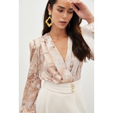 Sateen Çiçek Desenli Bodysuit Bluz - Camel