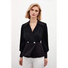 Sateen Gömlek Yakalı Bluz - Siyah