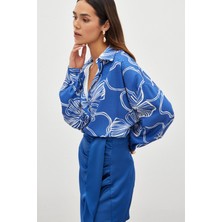Sateen Desenli Uzun Gömlek - Sax Mavi